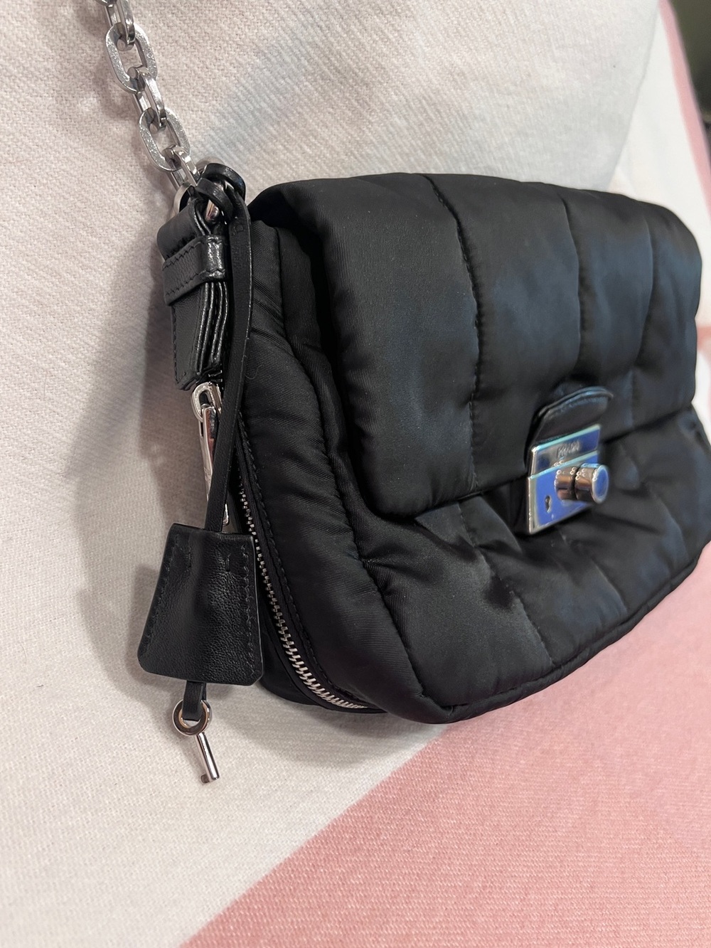 PRADA!⭐️Black Quilted Tessuto/leather Bomber Bag! Crossbody Bag with Silver! - Picture 11 of 16